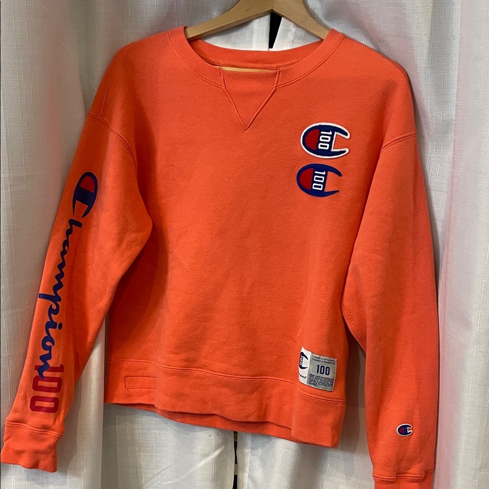 Champion 100 Patch Double Pullover Crewneck Sweater Orange classic small